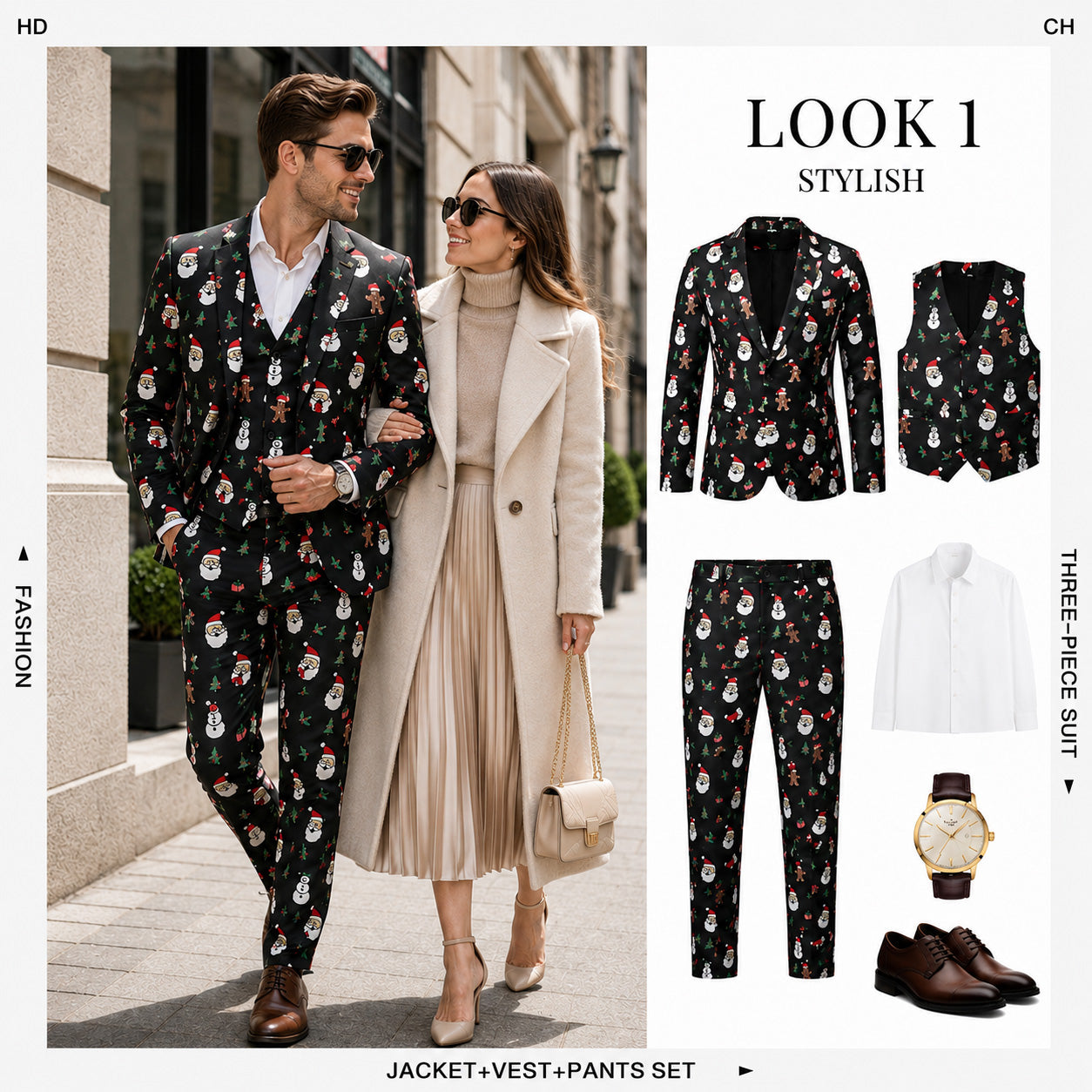 Style guide breakdown for men's Christmas 3-piece suit jacket vest and pants set | WISHOLIC