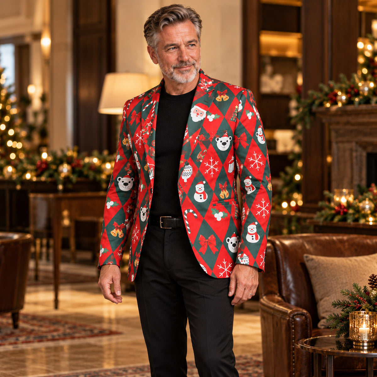 Close-up product details of the Wisholic Christmas blazer showing the notch lapel, holiday print, and three-button cuff
