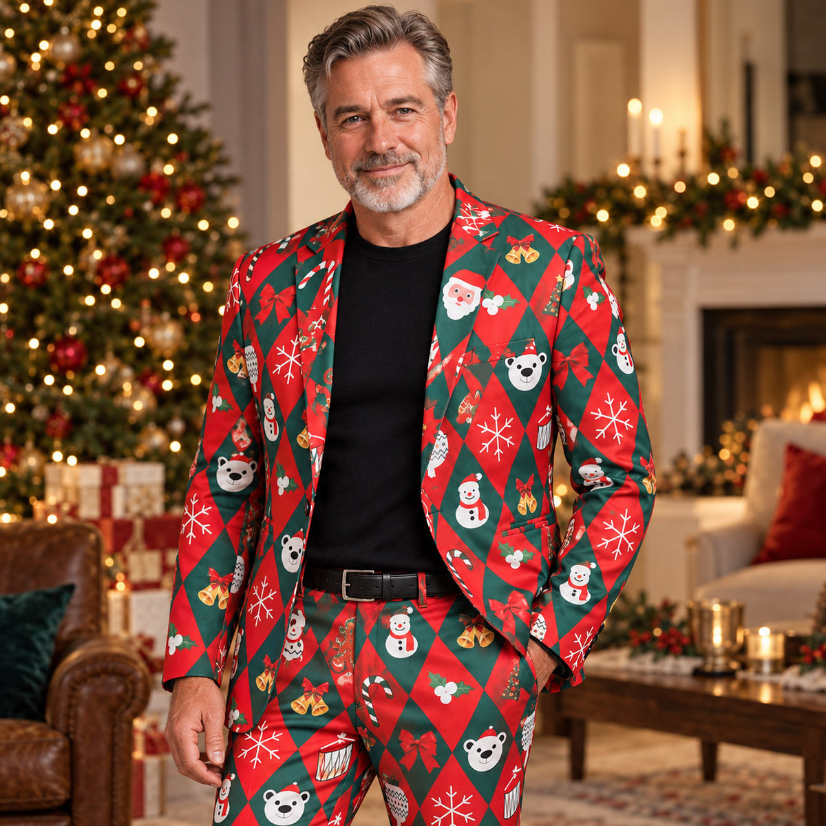 Wisholic men's festive Christmas suit featuring a red and green argyle pattern with holiday prints, styled for holiday celebrations