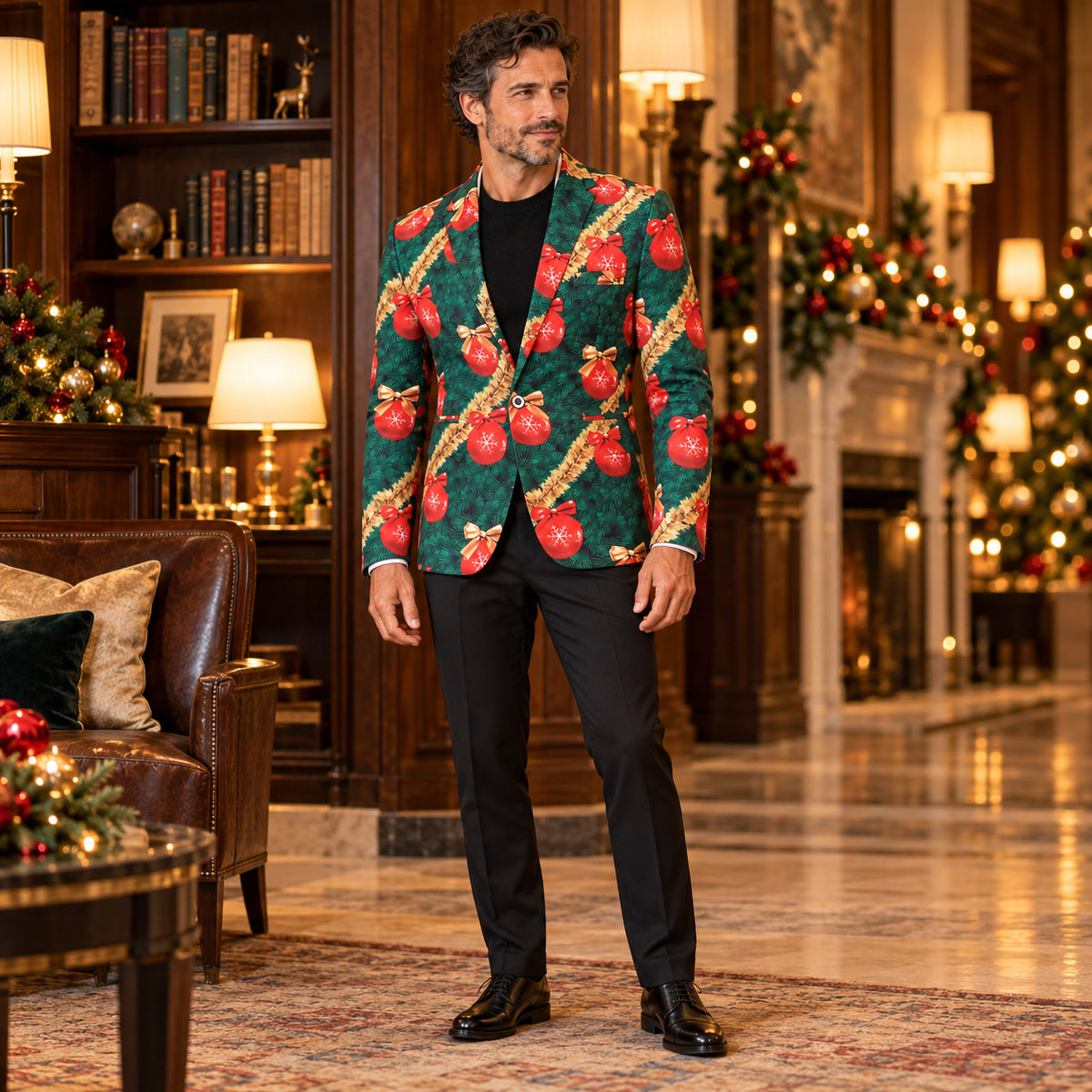 Wisholic men's festive Christmas garland blazer jacket paired with solid black trousers and crewneck sweater for holiday party events