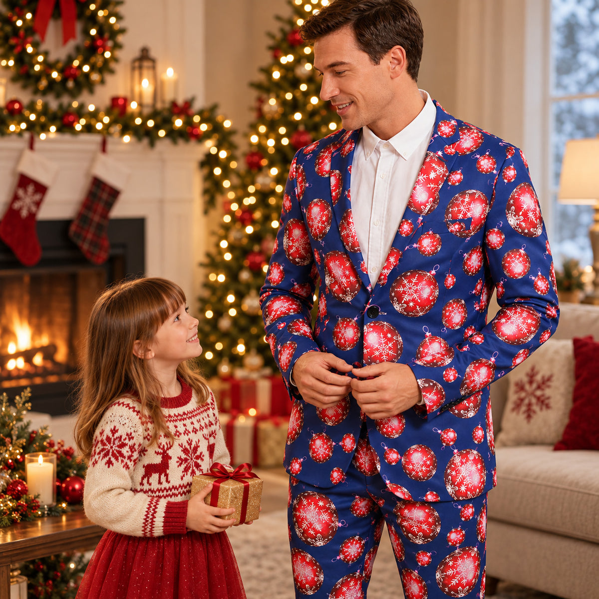 Full-length view of Wisholic men's 2-piece blue Christmas suit with red bauble print, styled with white shirt and black dress shoes.
