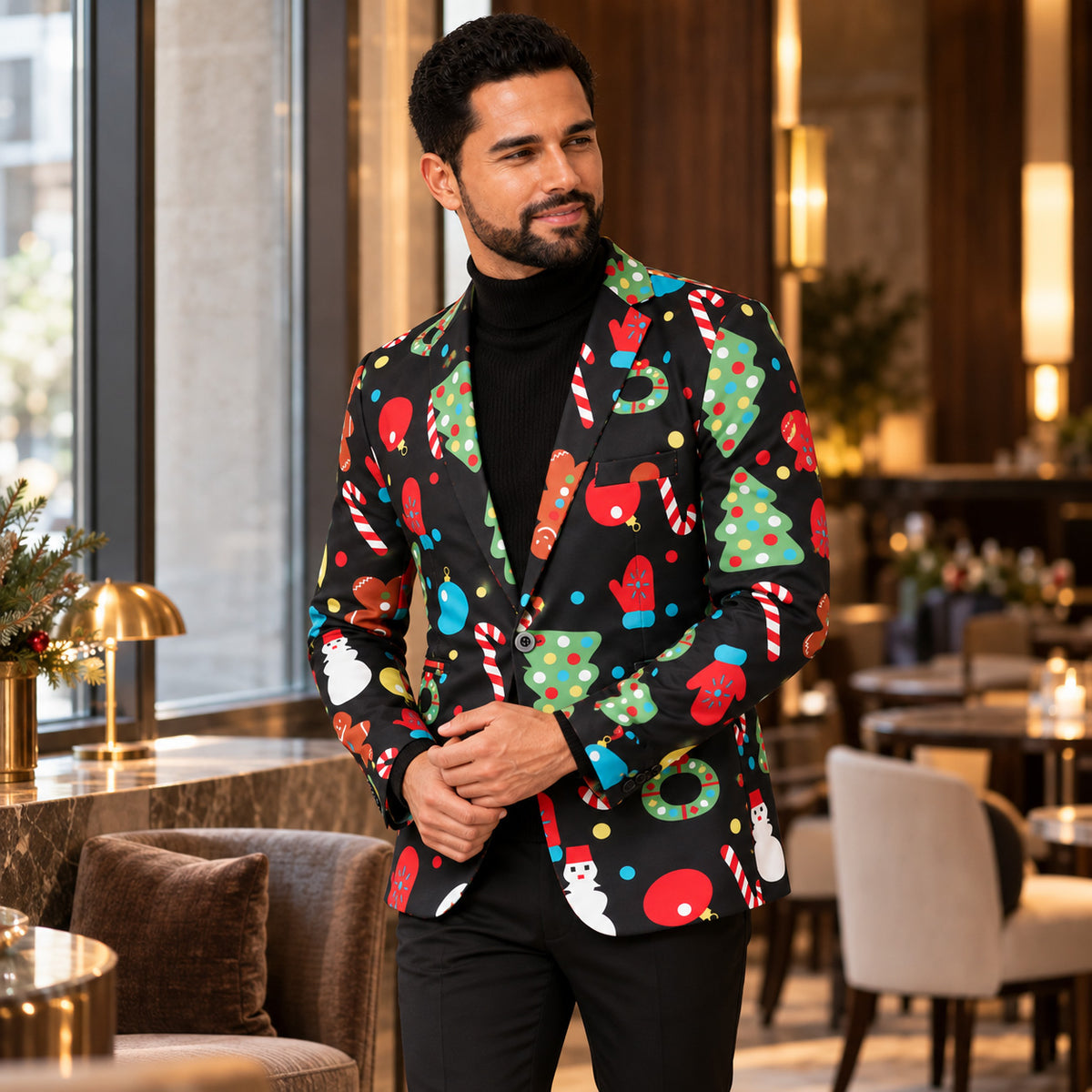 WISHOLIC men's colorful Christmas print blazer styled with a black turtleneck and black trousers