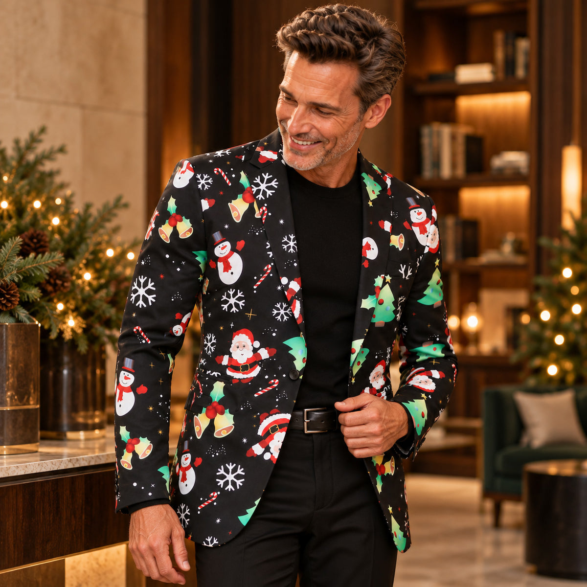 WISHOLIC men's Christmas print blazer styled with a black knit shirt and solid black trousers for a smart holiday party outfit.