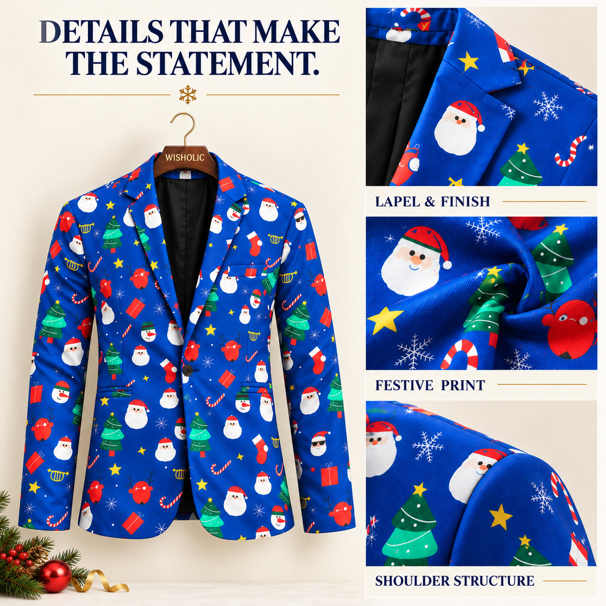 Wisholic complete holiday look guide featuring a blue printed Christmas blazer and matching trousers with outfit styling suggestions.