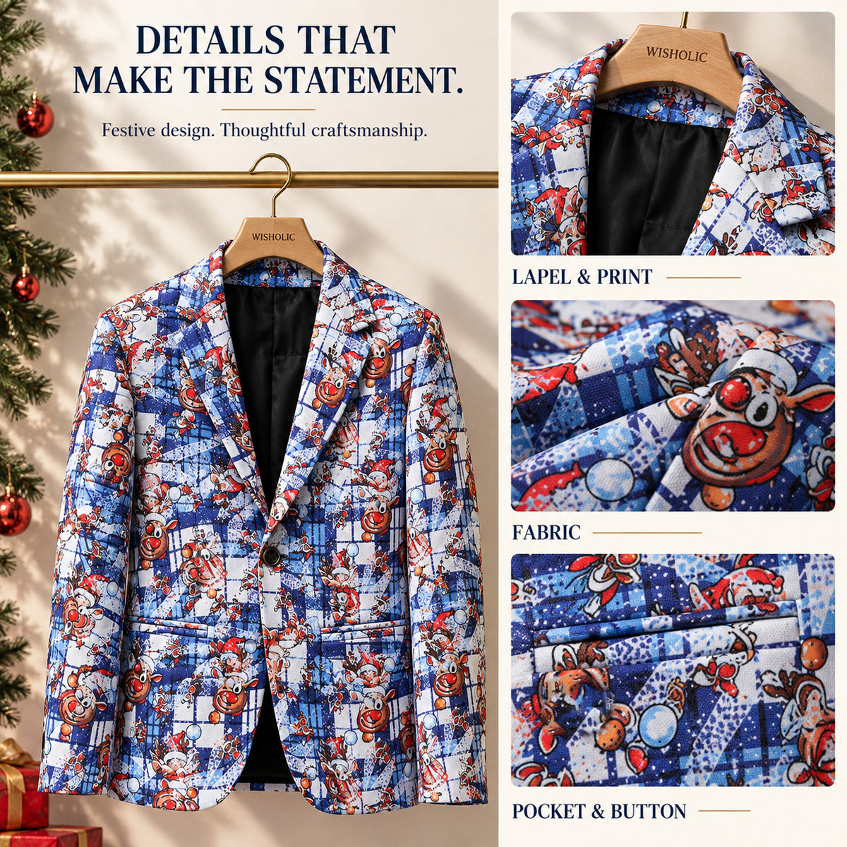 Detailed close-up of Wisholic men's blue Christmas blazer showing lapel, reindeer print fabric, and pocket construction.