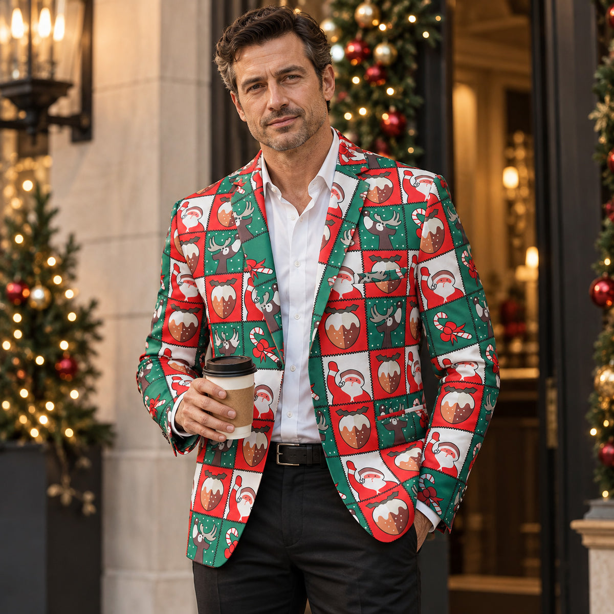 Wisholic men's Christmas printed blazer jacket styled casually with a white shirt and black trousers.
