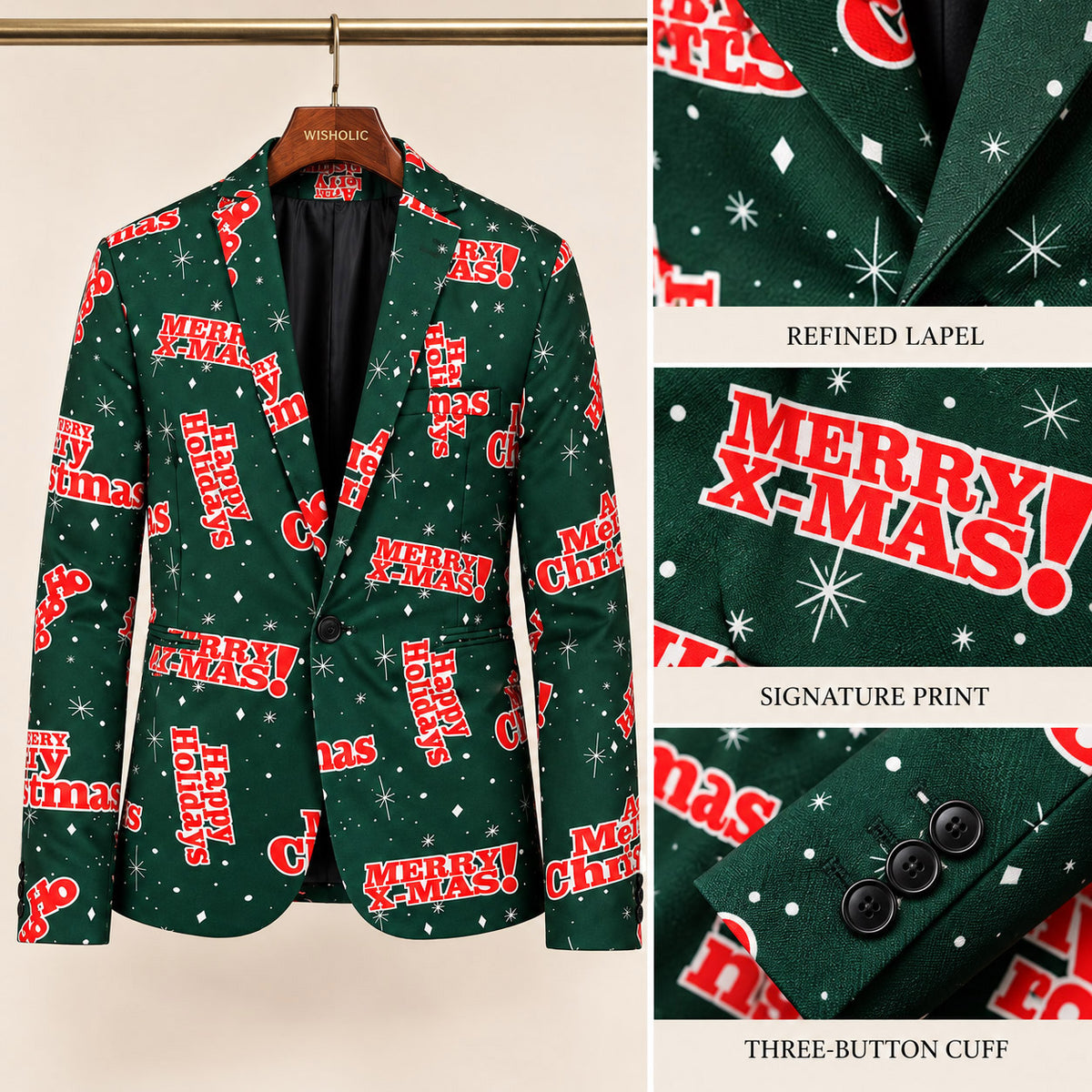 Tailoring craftsmanship of Wisholic Christmas jacket highlighting refined notch lapel, signature Merry X-Mas print, and three-button cuffs