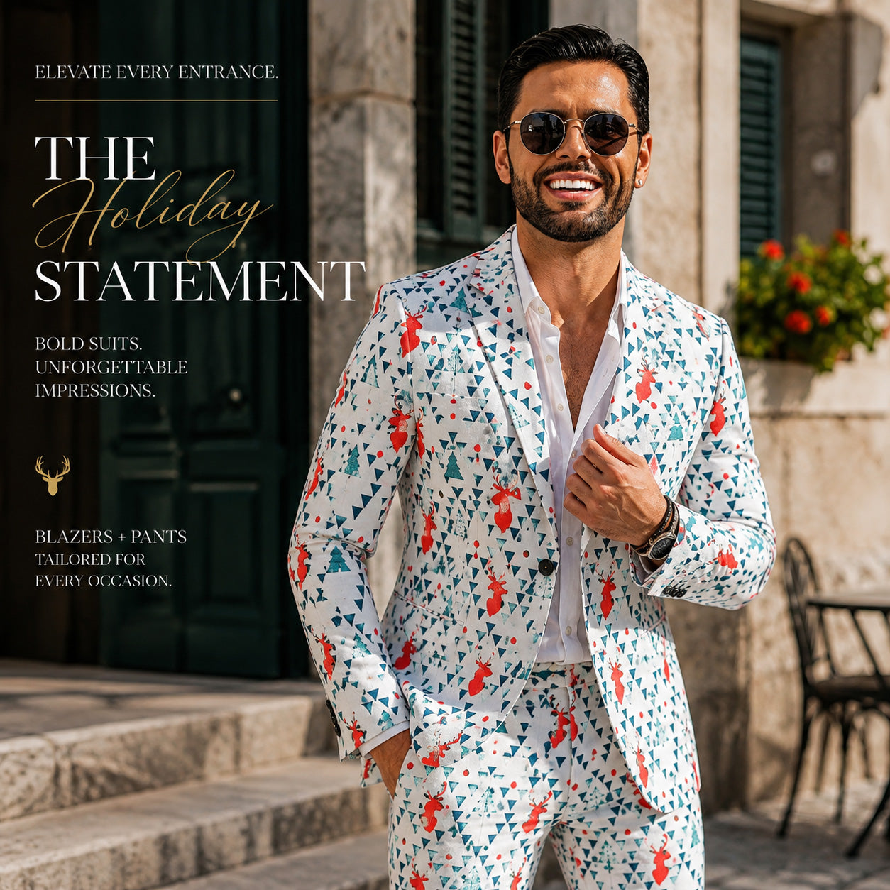 WISHOLIC holiday statement men's blazer and pants set styled with sunglasses and unbuttoned white shirt