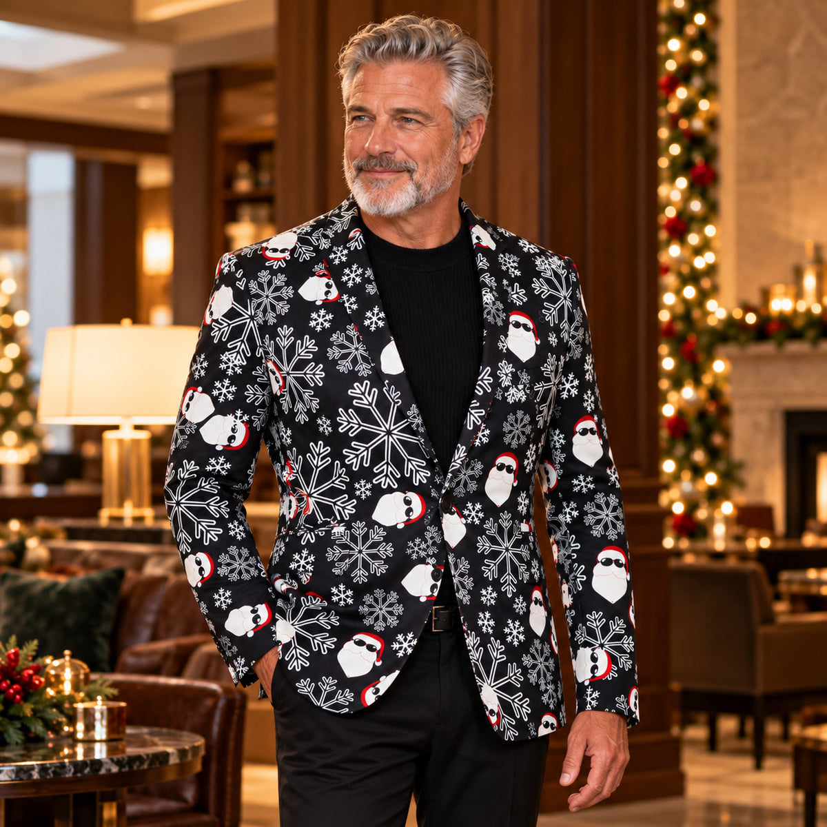 Wisholic men's statement Christmas blazer jacket with snowflakes and Santa print paired with solid black dress trousers in a festive lounge