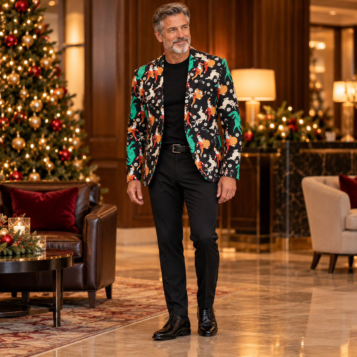 Man modeling Wisholic statement Christmas party blazer paired with black formal trousers and leather dress shoes