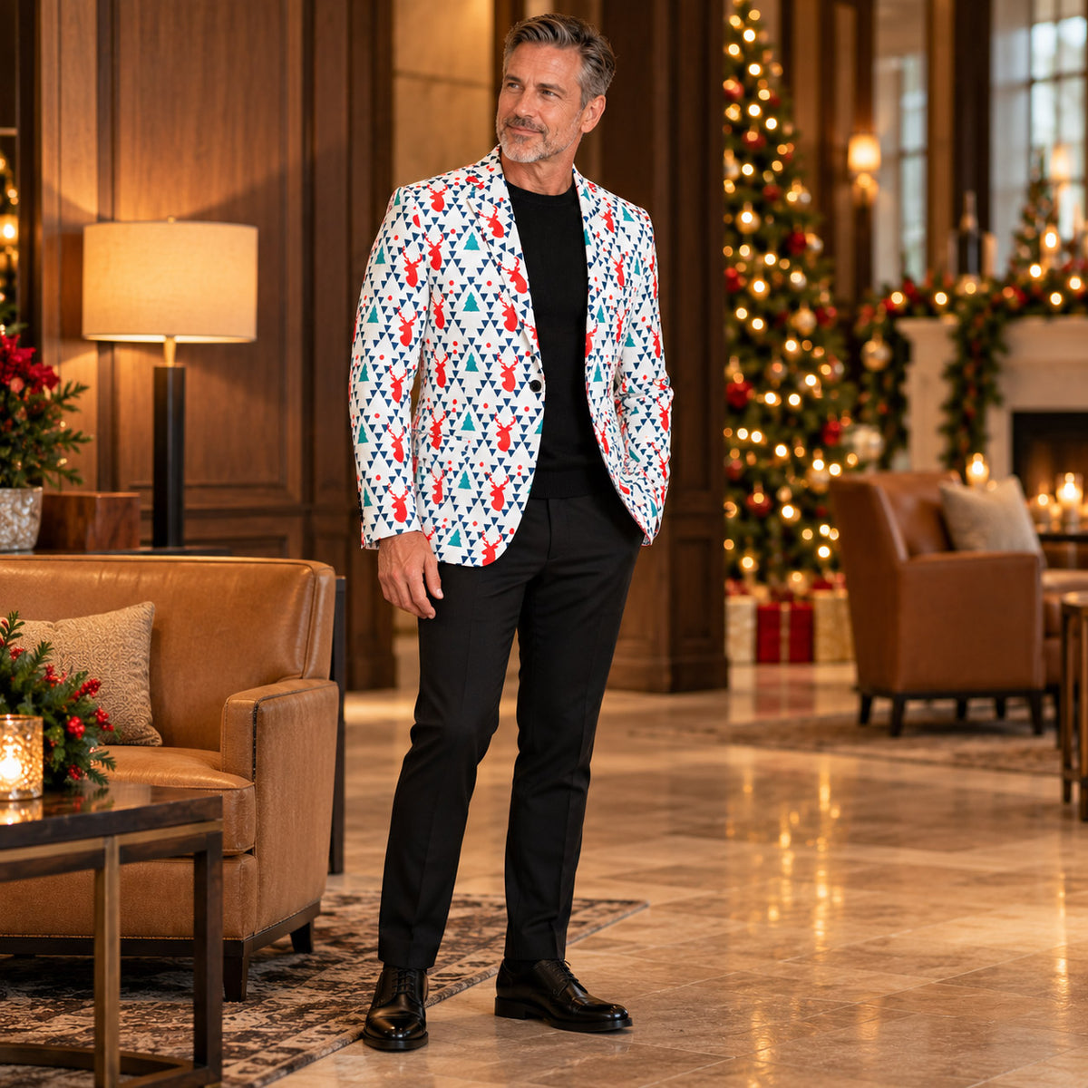 White Geometric Reindeer Print Suit