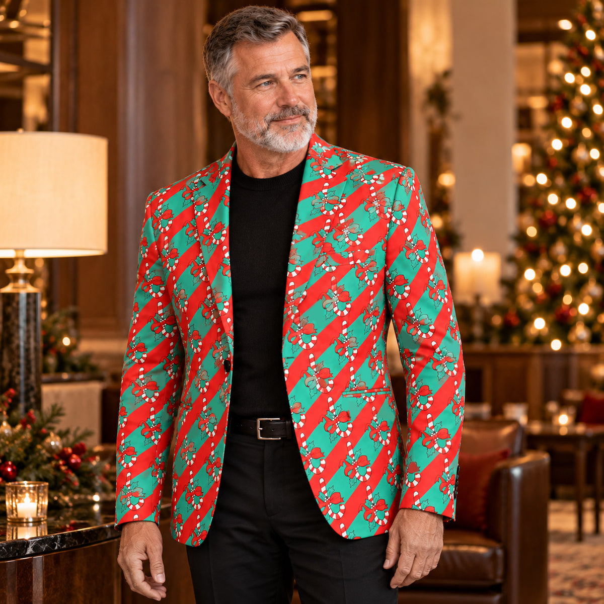 Wisholic men's Christmas candy cane print blazer styled with a black shirt and black trousers for holiday evening wear