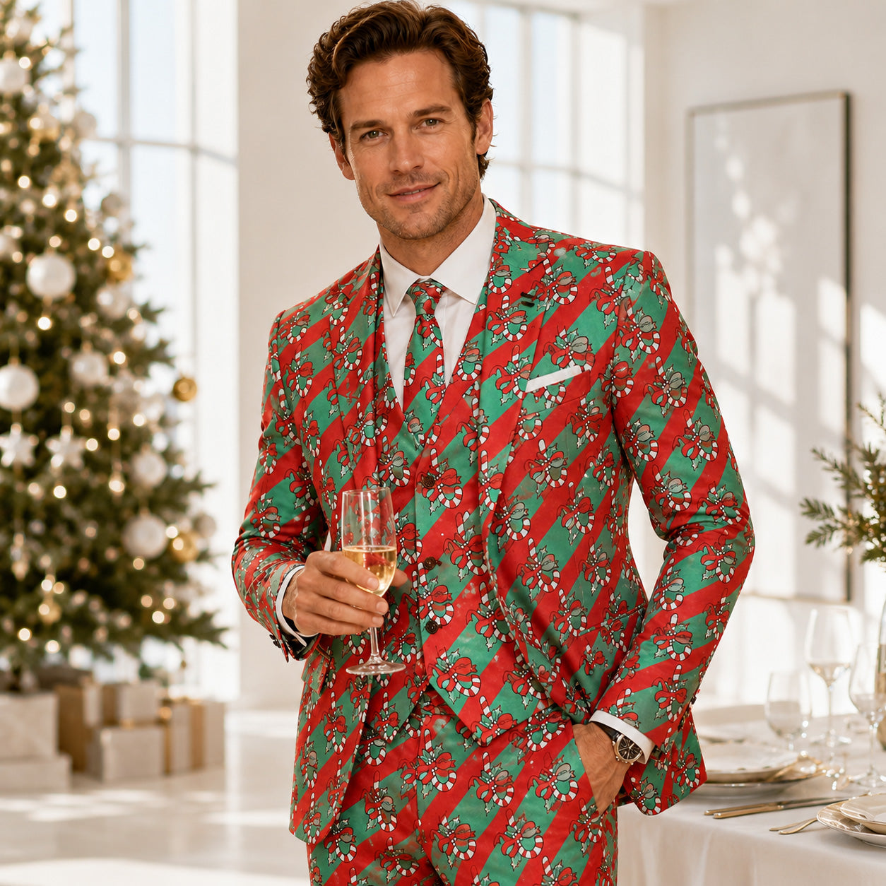 WISHOLIC men's Christmas candy cane printed 3-piece suit featured in indoor holiday celebration