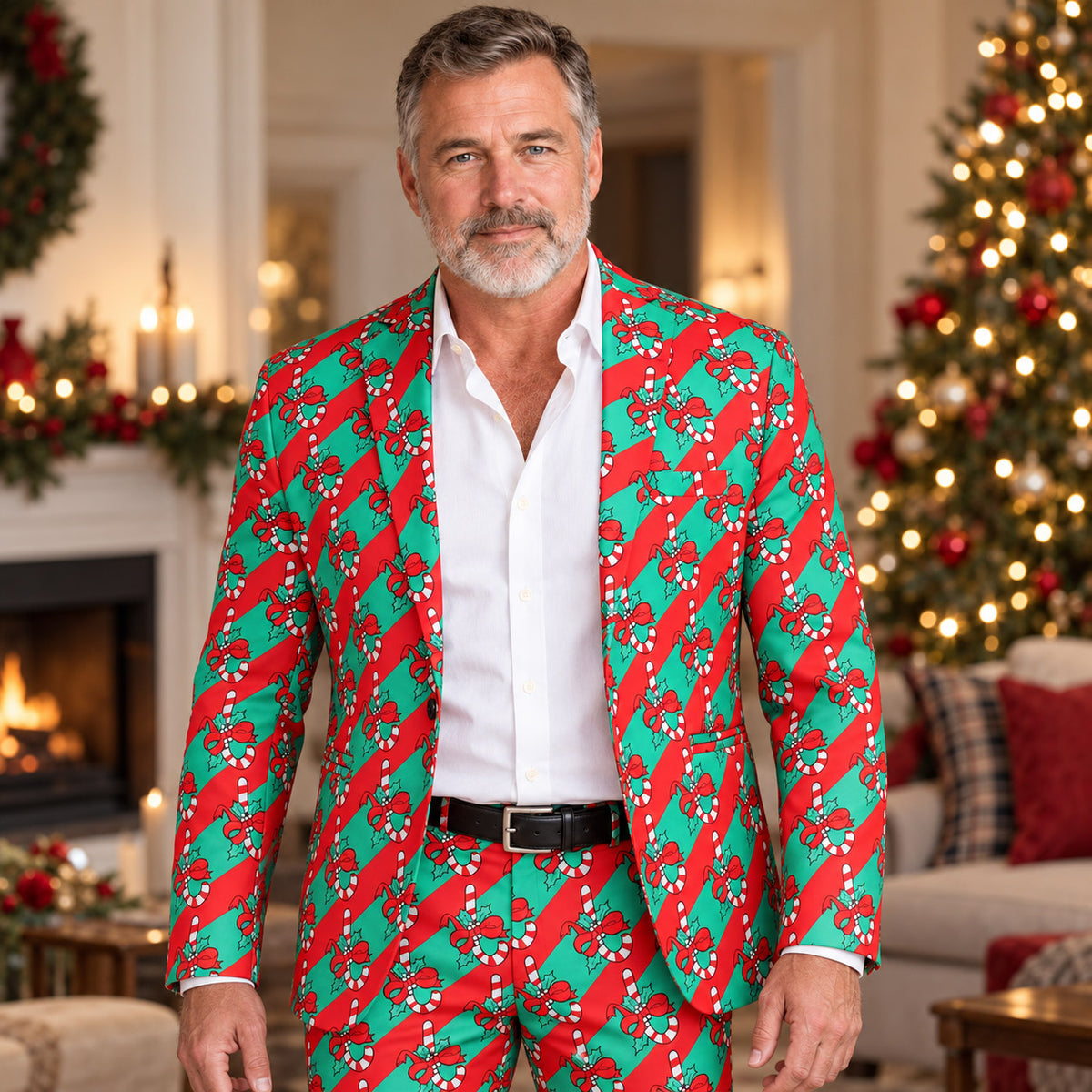 Wisholic men's festive Christmas suit jacket featuring red and green diagonal stripes with candy cane prints