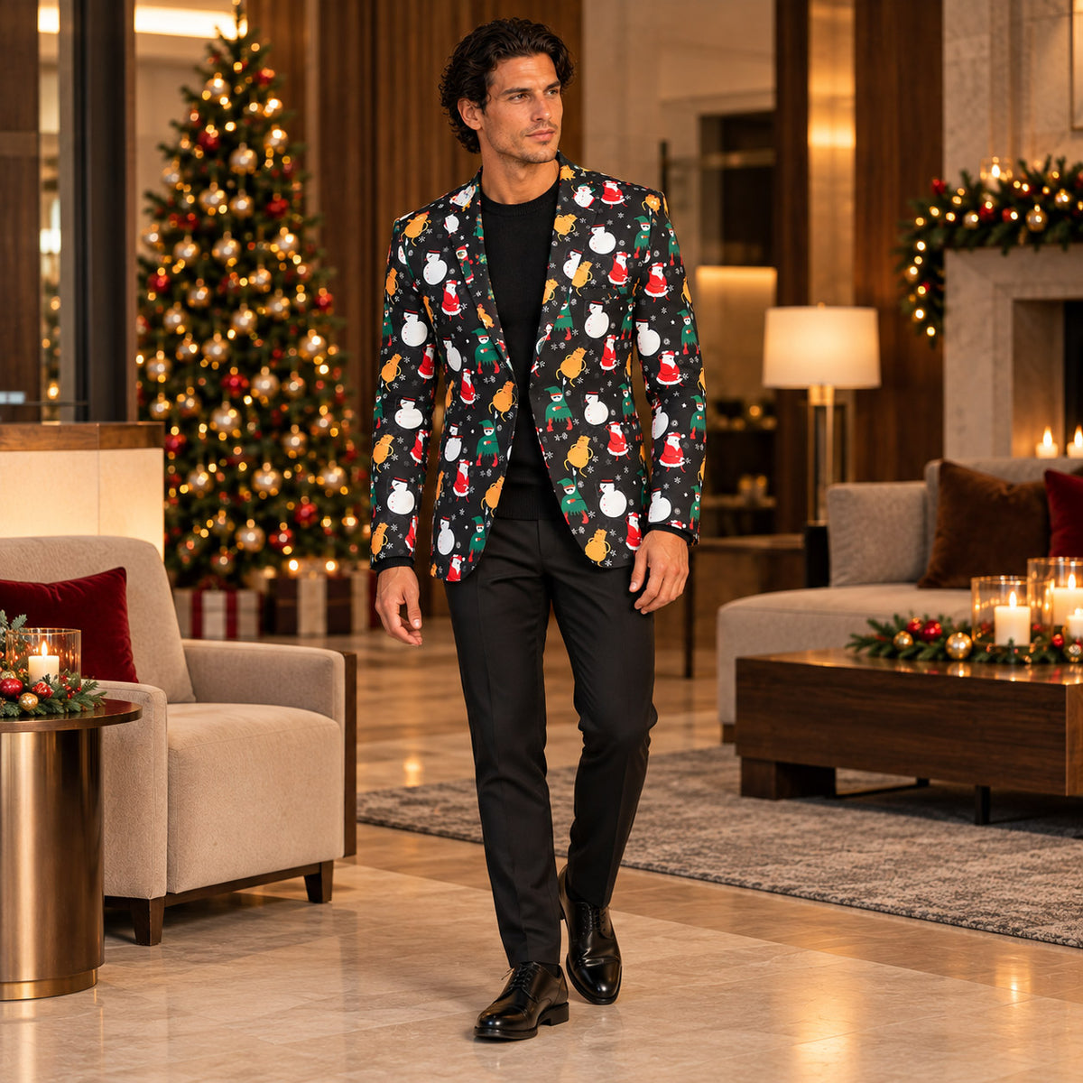 Wisholic men's black Christmas characters statement blazer jacket styled with solid black trousers and crewneck sweater for holiday parties