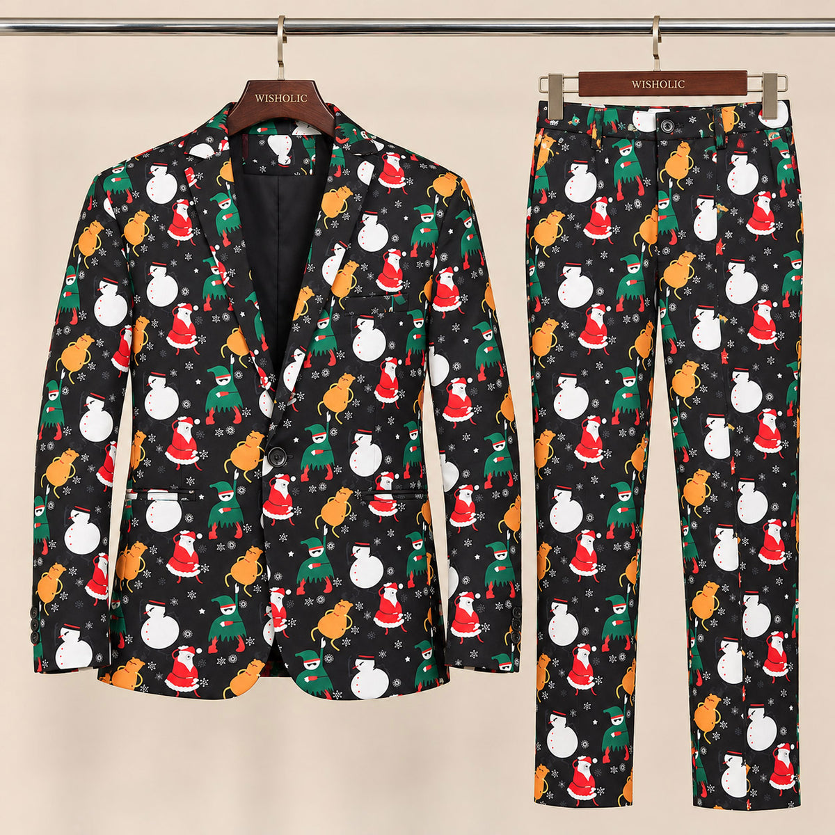 Wisholic 2-piece men's festive holiday suit set featuring black cartoon Christmas characters pattern blazer and trousers on hangers