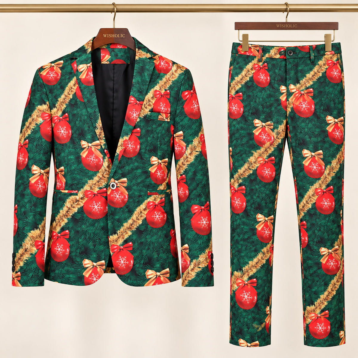 Wisholic 2-piece men's festive holiday suit set featuring pine needles and red ornament baubles blazer and matching trousers on hangers