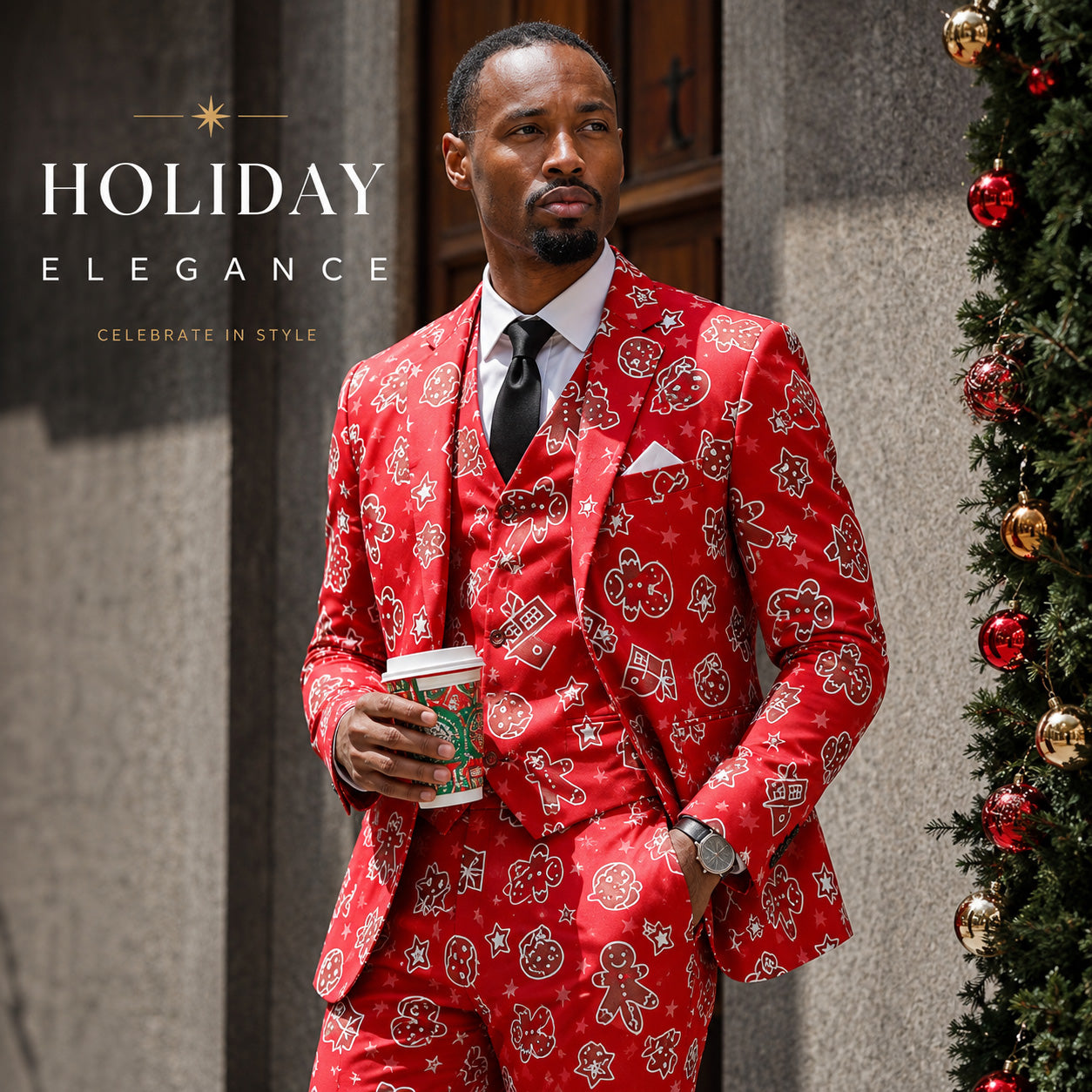 Close-up shot of a man wearing a red Christmas gingerbread printed suit and vest by WISHOLIC.