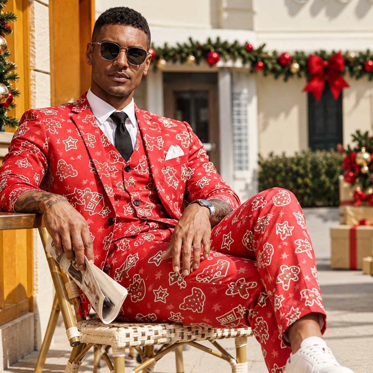 Man wearing a red gingerbread print 3-piece holiday suit with jacket, vest, and trousers by WISHOLIC.