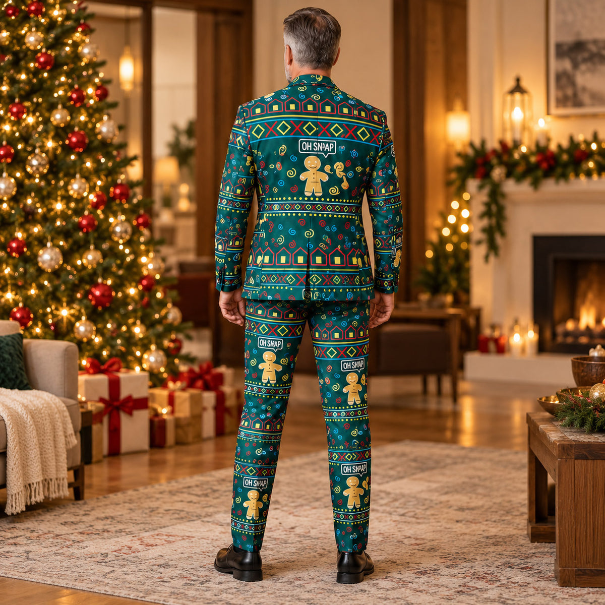 Back view of Wisholic men's green holiday suit featuring gingerbread man pattern and Christmas tree backdrop