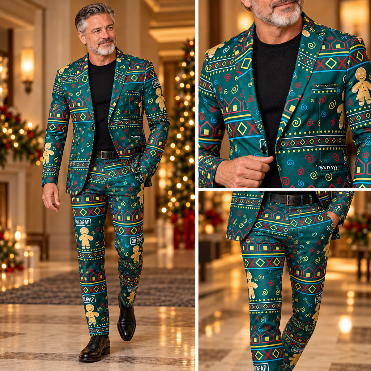 Wisholic men's green gingerbread print Christmas suit full-length and detail collage views