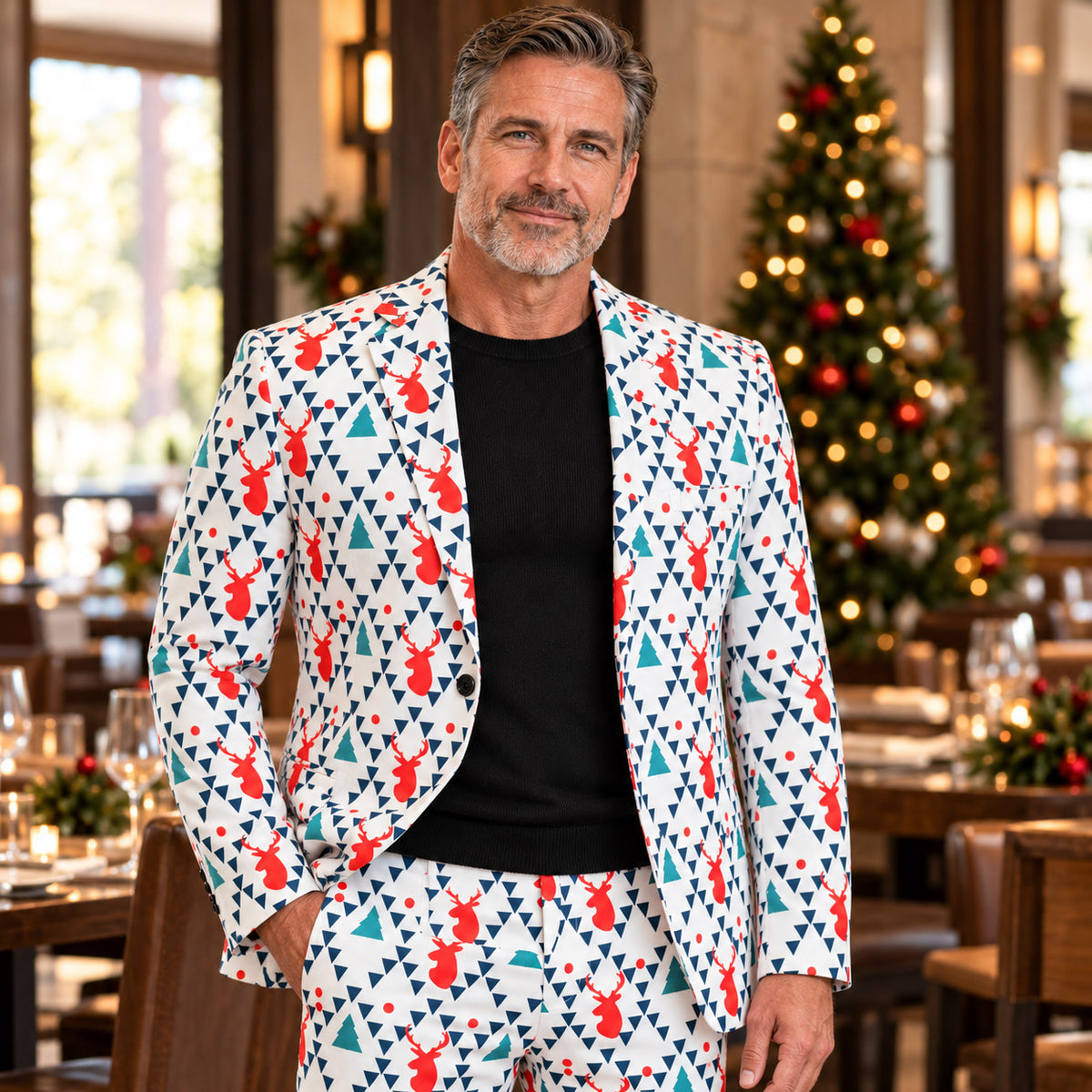 White Geometric Reindeer Print Suit