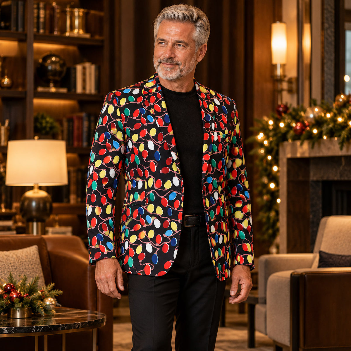 Wisholic Christmas lights pattern blazer jacket paired with black trousers and knit shirt