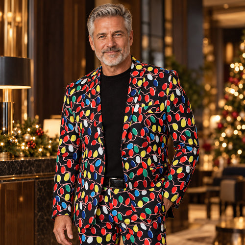 Wisholic men's colorful Christmas lights printed holiday suit worn at a festive dinner party