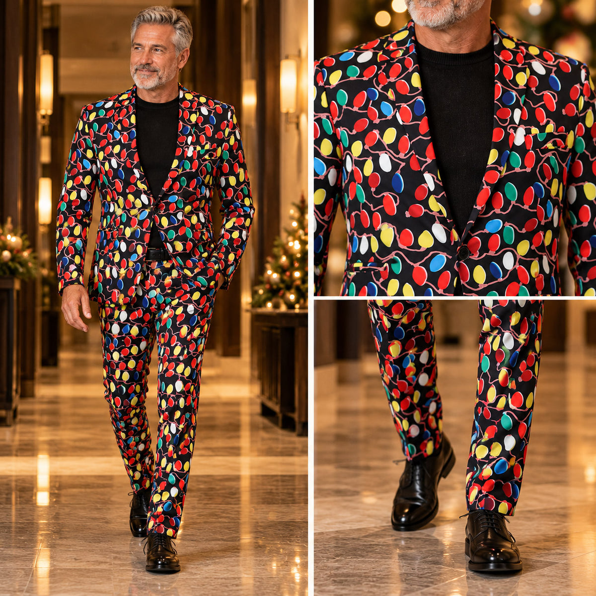 Wisholic men's festive Christmas light suit full-length runway look and tailoring fabric close-up