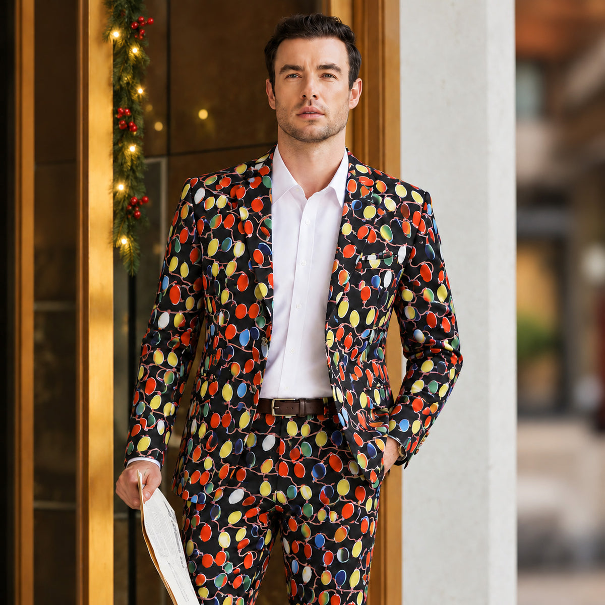 Wisholic men's Christmas lights print 2-piece suit with colorful festive string light pattern, styled with a crisp white dress shirt.