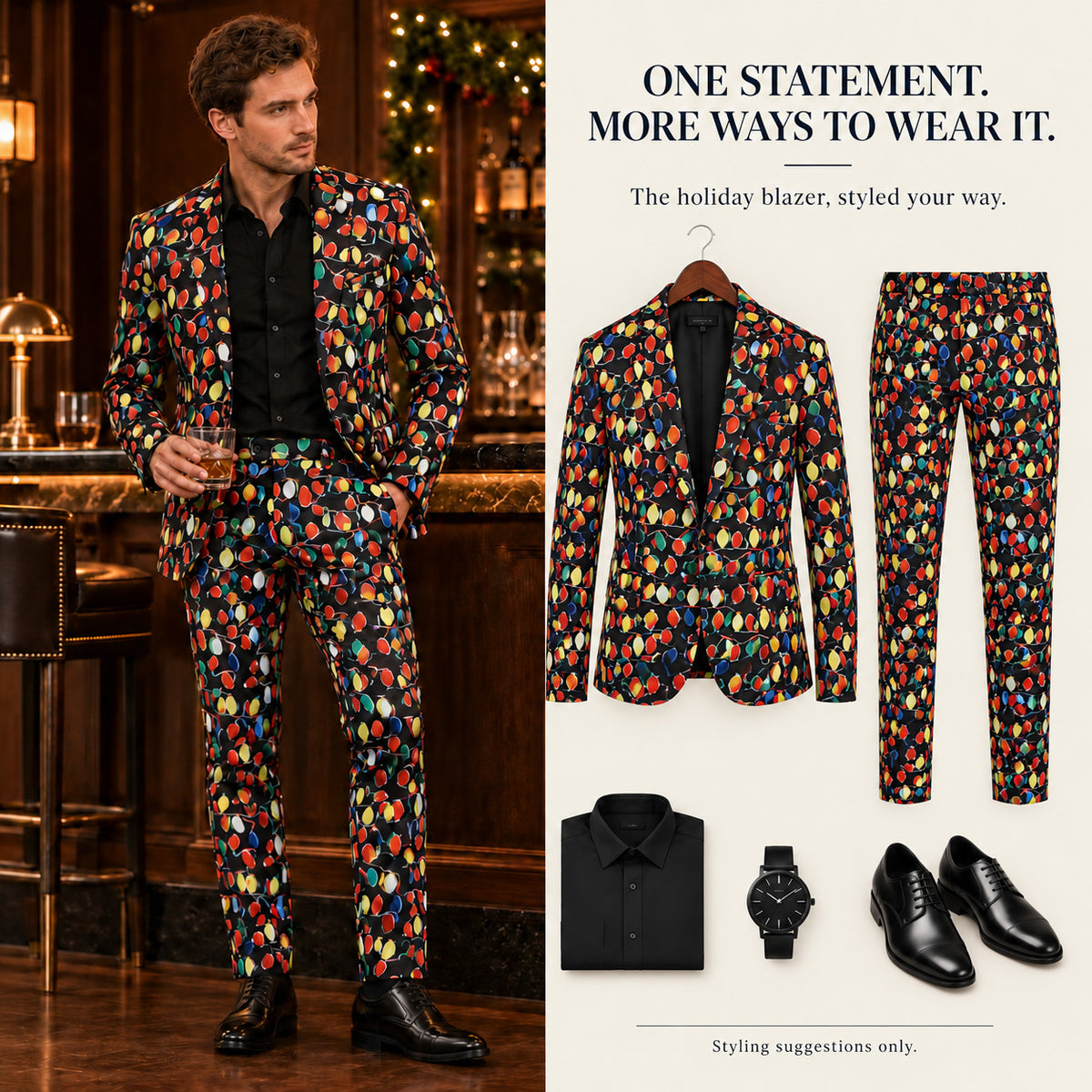 Wisholic full 2-piece Christmas lights suit set styled with black dress shirt, leather watch, and black oxford shoes.