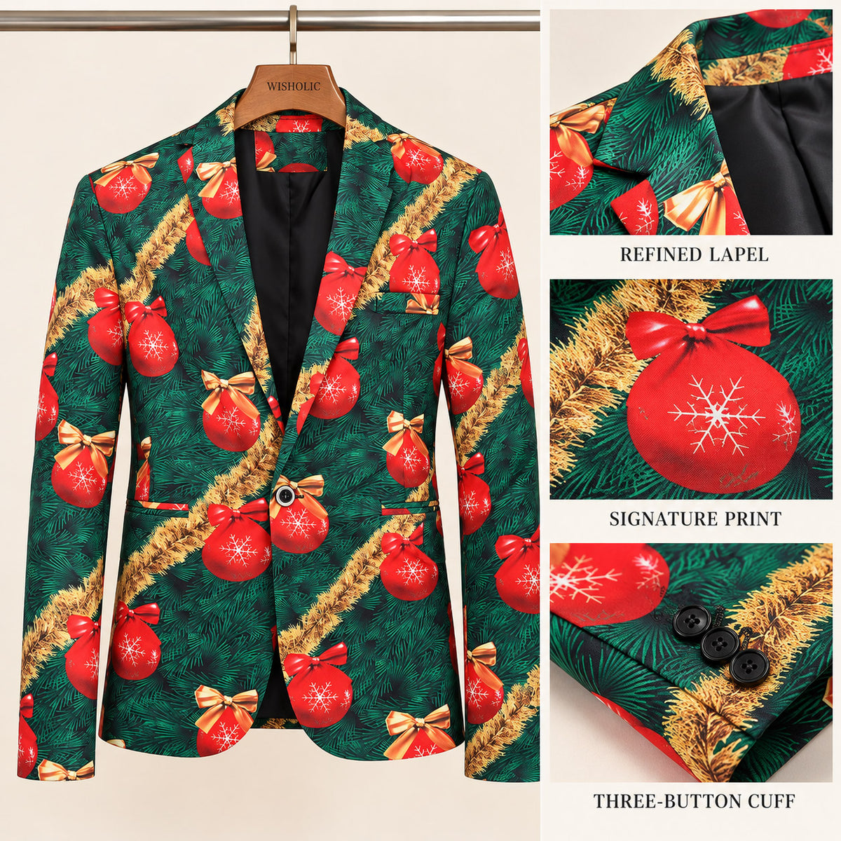 Tailoring craftsmanship of Wisholic Christmas blazer showcasing refined notch lapel, signature red bauble print, and three-button cuffs