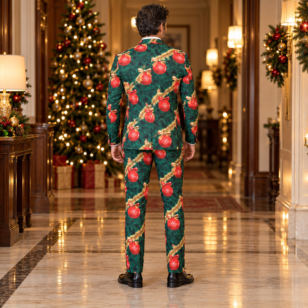Back view of Wisholic tailored men's holiday suit showing seamless pine garland and red baubles pattern beside festive Christmas tree