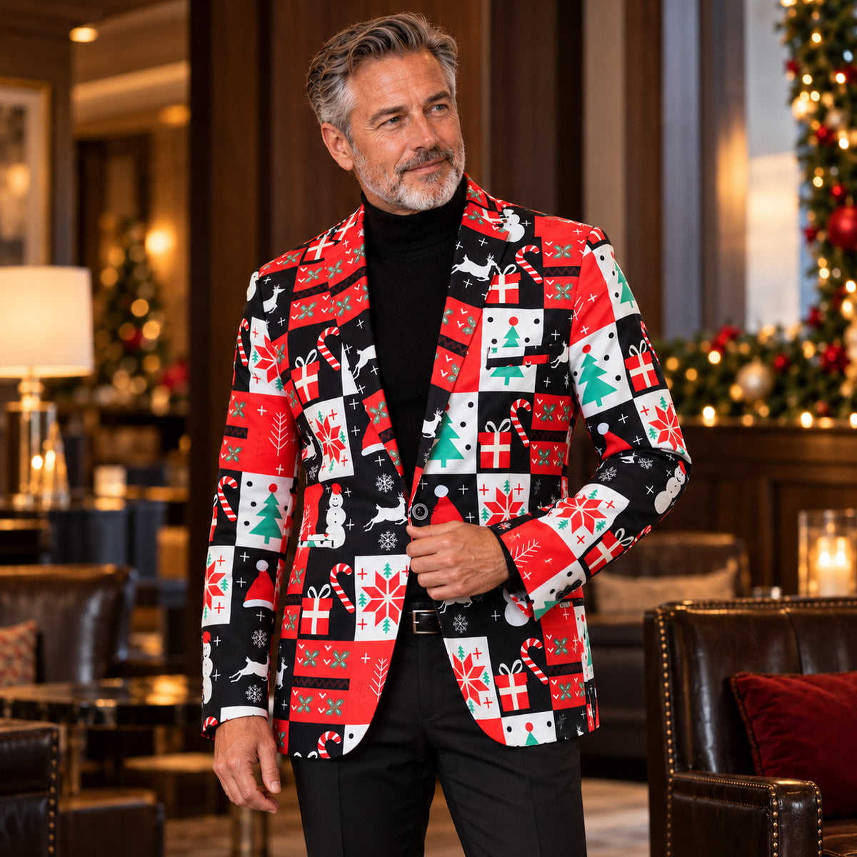 Wisholic men's ugly Christmas party blazer styled with a black turtleneck and tailored trousers in an evening lounge
