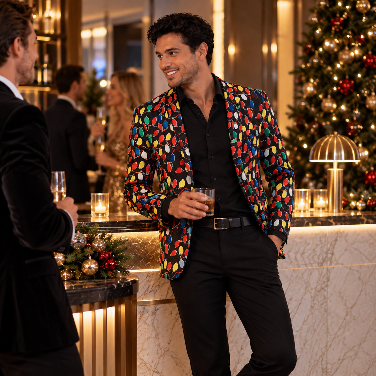 Wisholic men's holiday Christmas lights party blazer worn with black shirt and trousers at a festive cocktail bar near a Christmas tree.