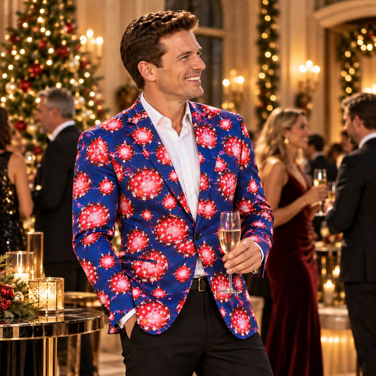 Wisholic men's holiday party blazer styled with black trousers and a white shirt at an evening Christmas party.