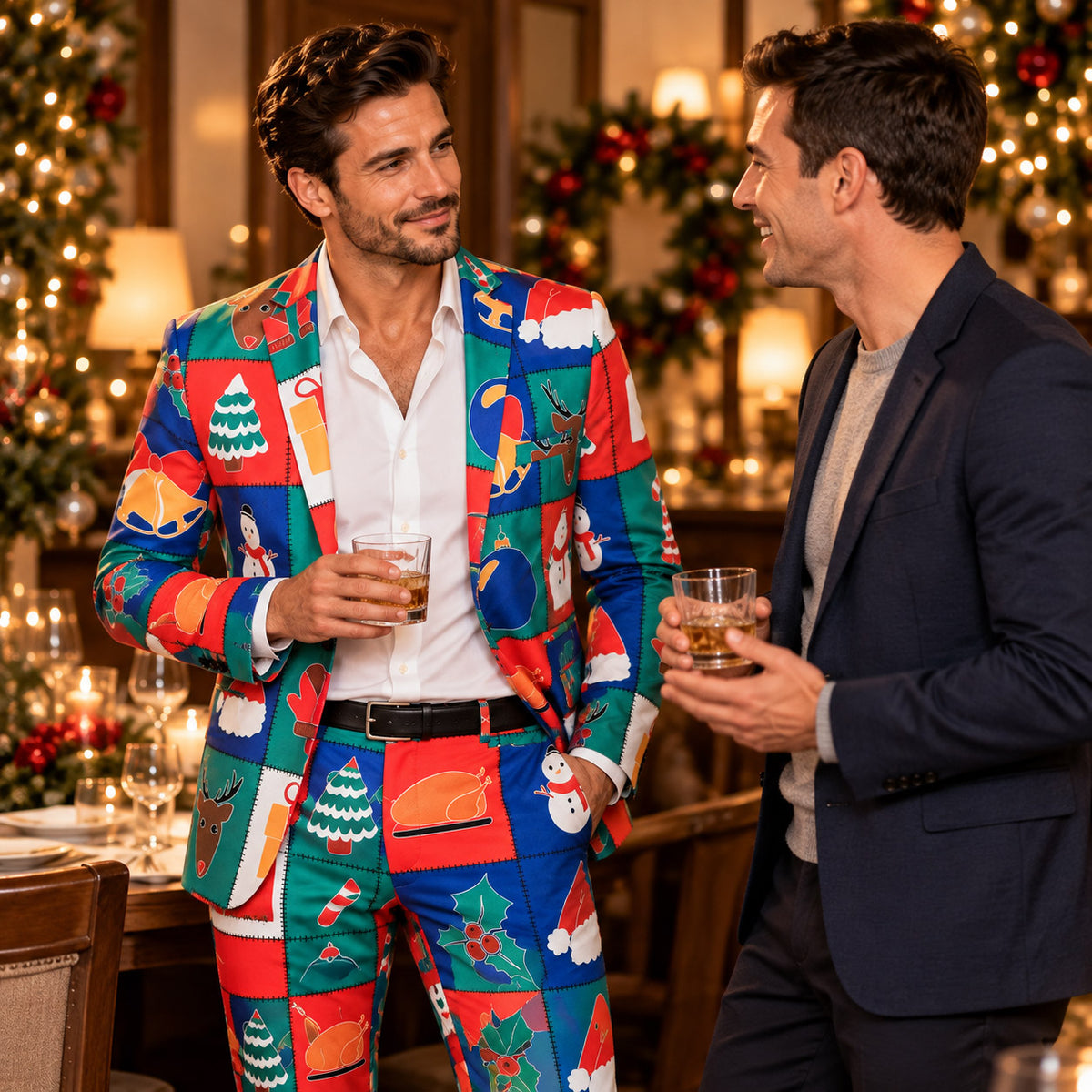 Model wearing Wisholic colorful holiday patchwork suit enjoying drinks with a friend at a warm Christmas dinner party