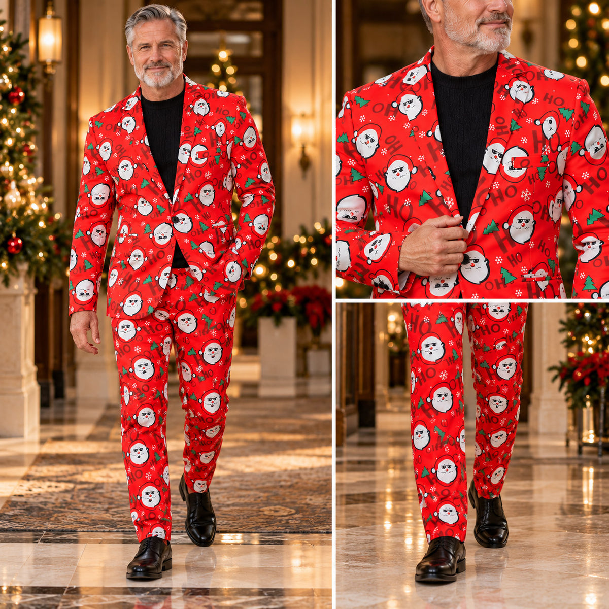Full length and detailed multi-angle view of Wisholic men's vibrant red Christmas print suit and matching tailored trousers.