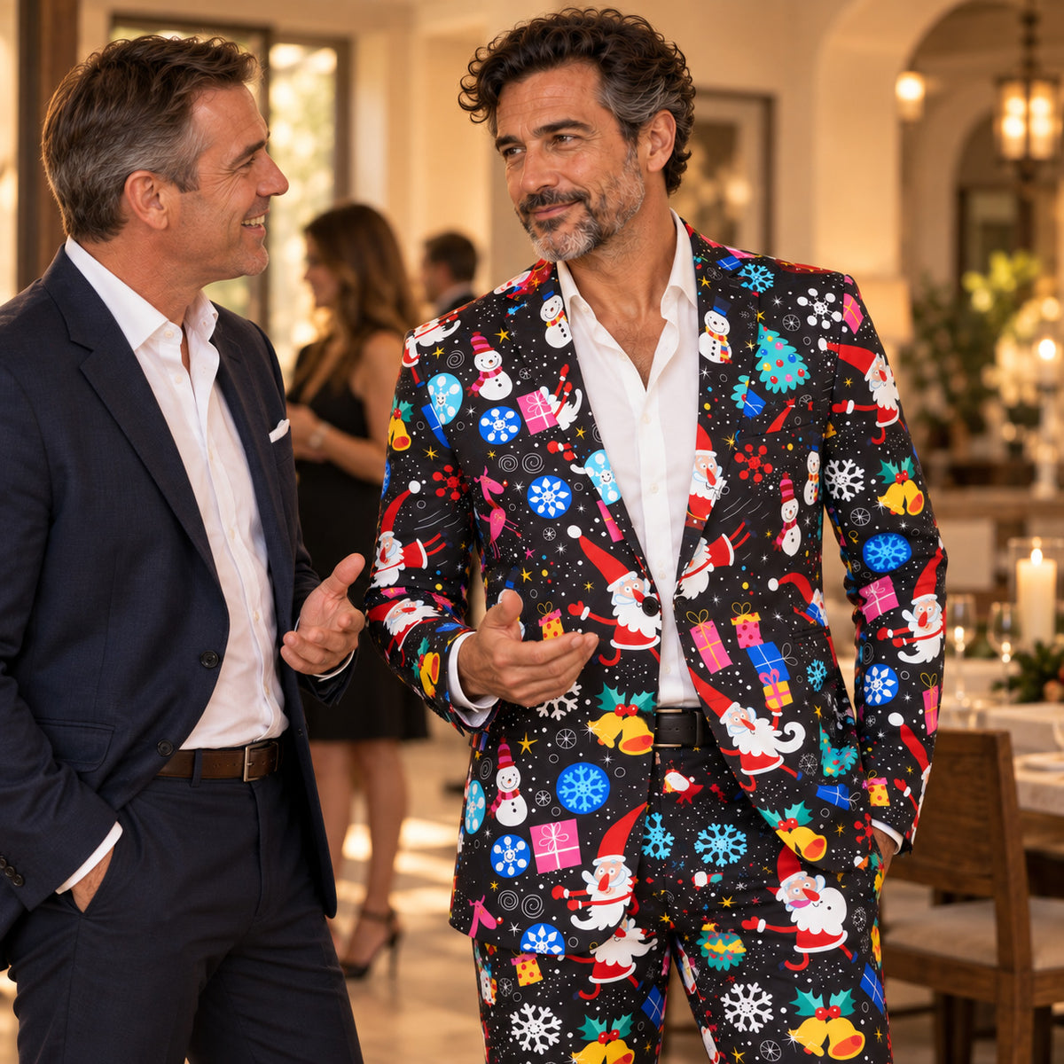WISHOLIC men's festive Christmas suit worn at an elegant holiday gathering with friends