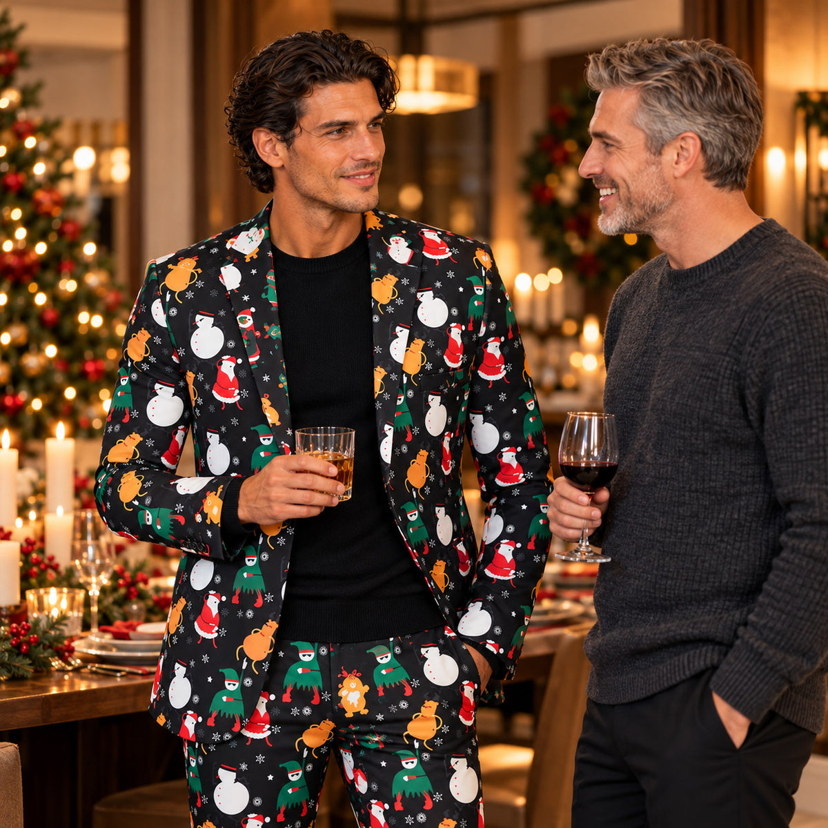 Model wearing Wisholic festive black holiday characters suit enjoying drinks and chatting with a friend at a warm Christmas dinner party
