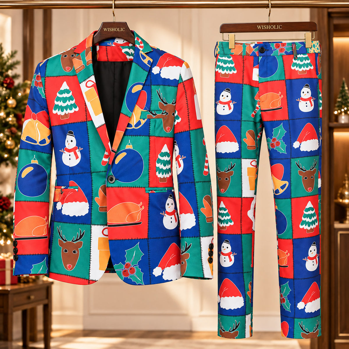 Wisholic 2-piece men's festive Christmas suit set on hangers with holiday patchwork print jacket and trousers
