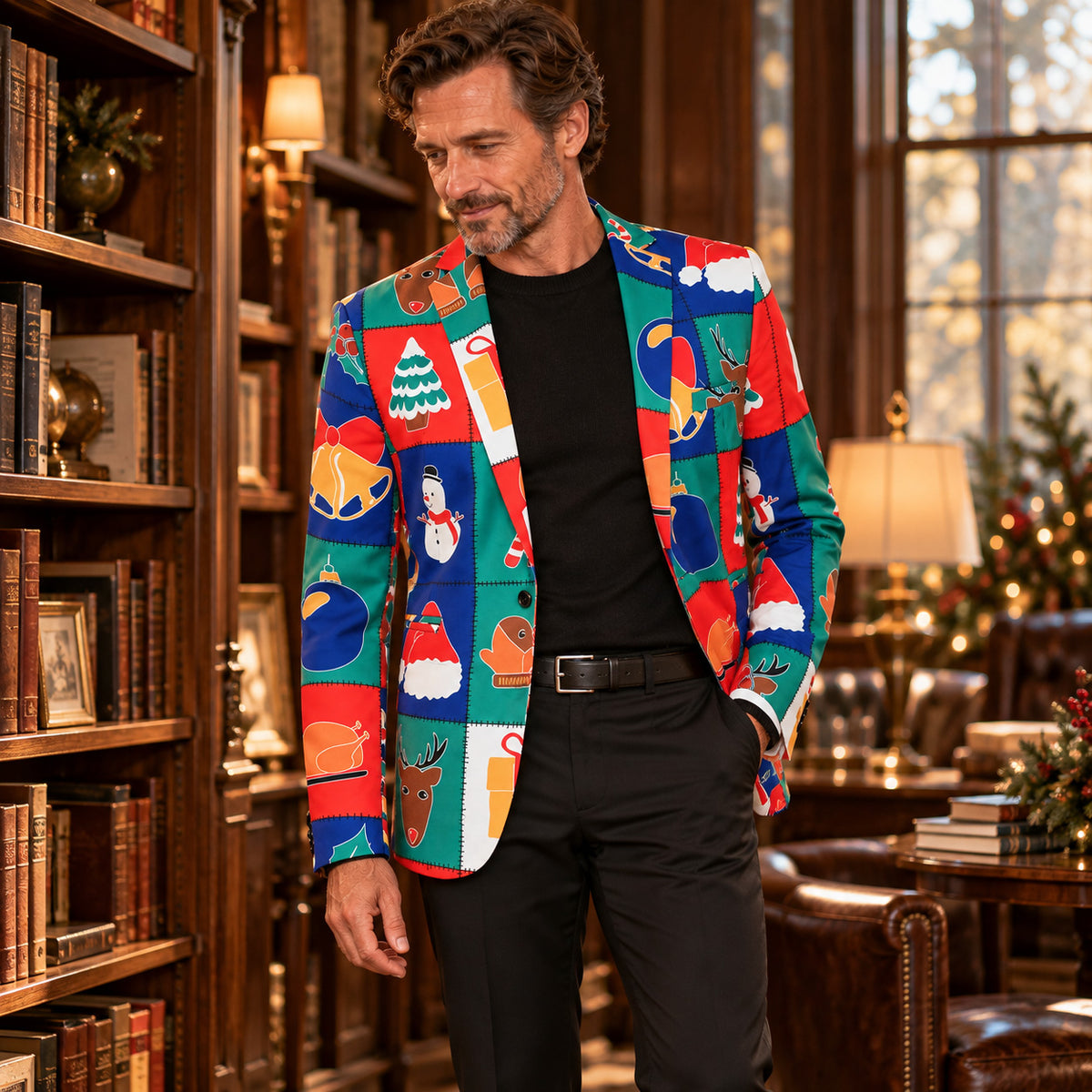 WISHOLIC men's colorful Christmas patchwork blazer styled with black knitwear and black trousers