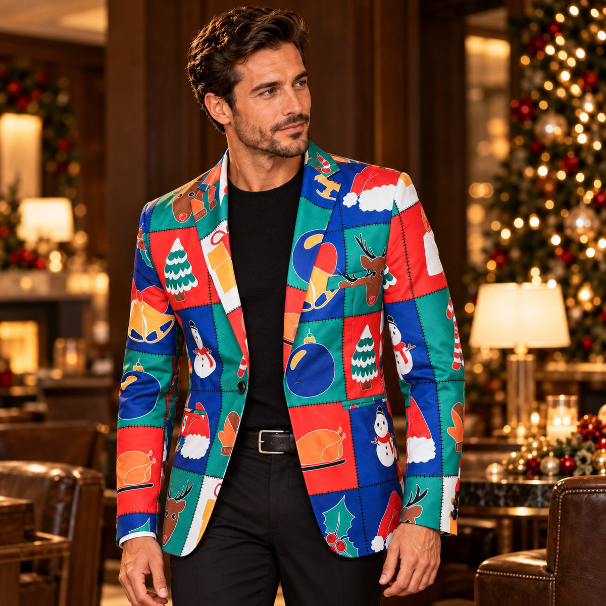 Wisholic men's vibrant Christmas patchwork blazer jacket paired with classic black trousers and sweater for holiday parties