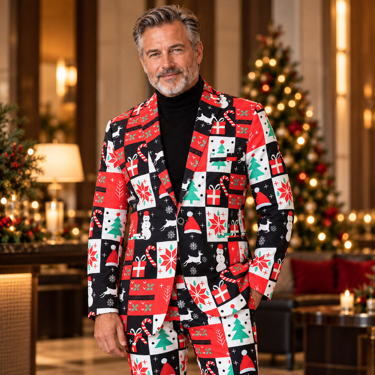 Wisholic men's festive Christmas patchwork print suit jacket worn by a mature man at an indoor holiday party