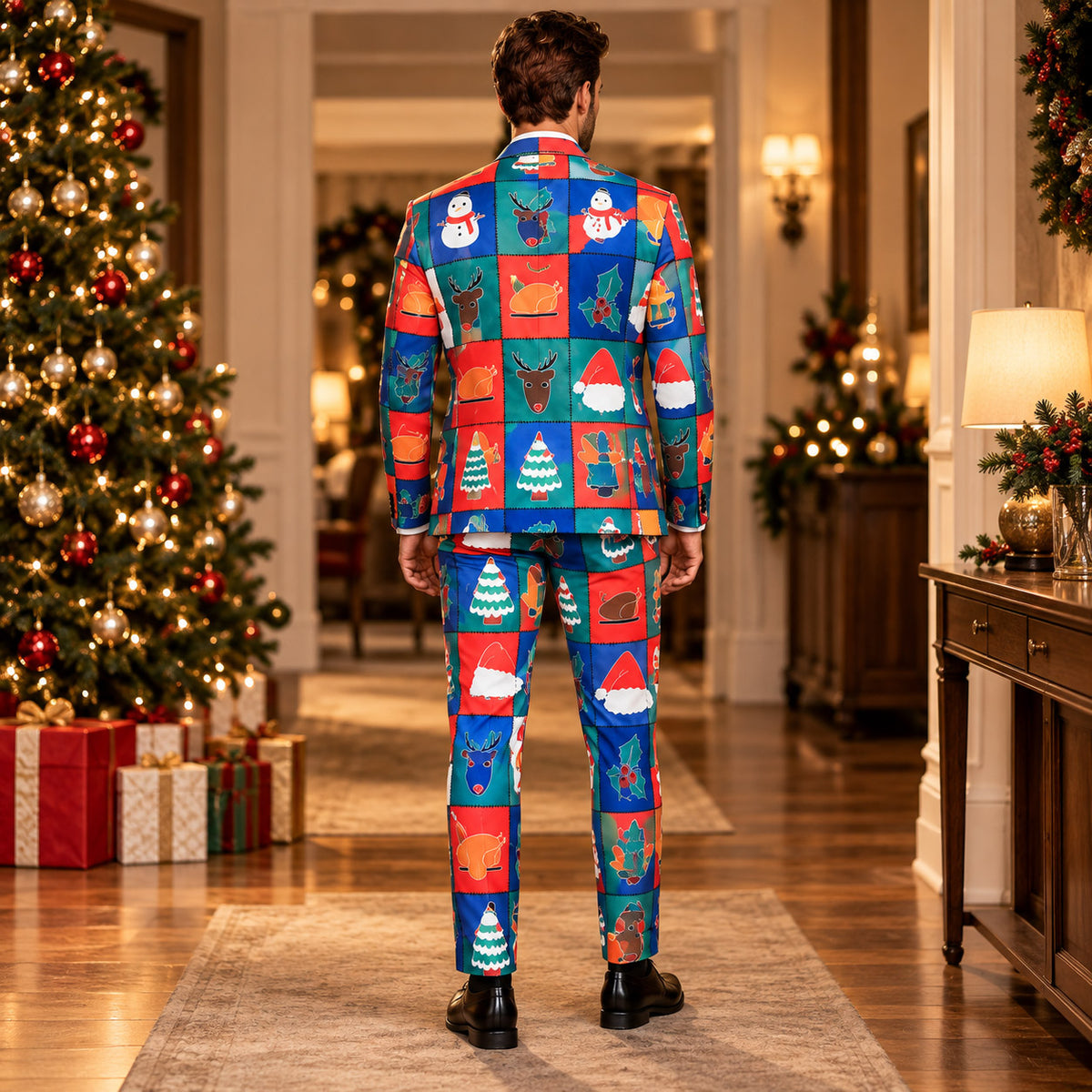 Back view of Wisholic tailored men's Christmas suit showing colorful holiday patchwork patterns in a festive room setting