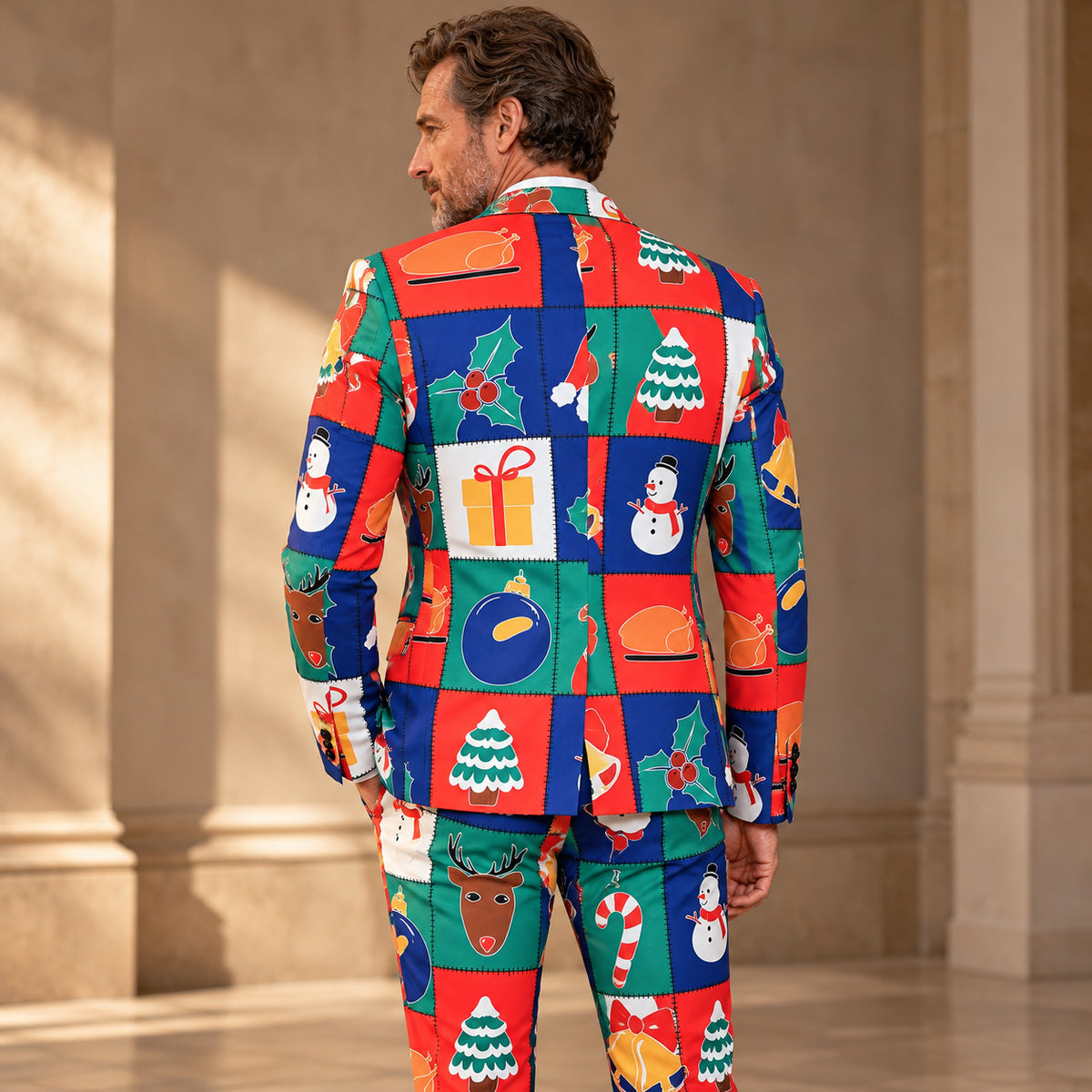 Back view of WISHOLIC men's colorful Christmas patchwork suit showing festive prints and tailored blazer