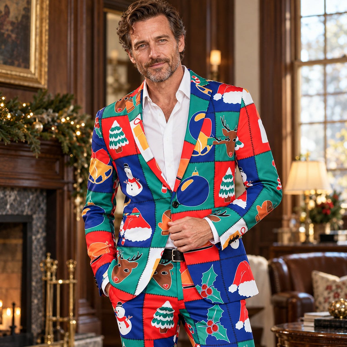 WISHOLIC men's colorful Christmas patchwork suit with reindeer, snowman and festive holiday prints
