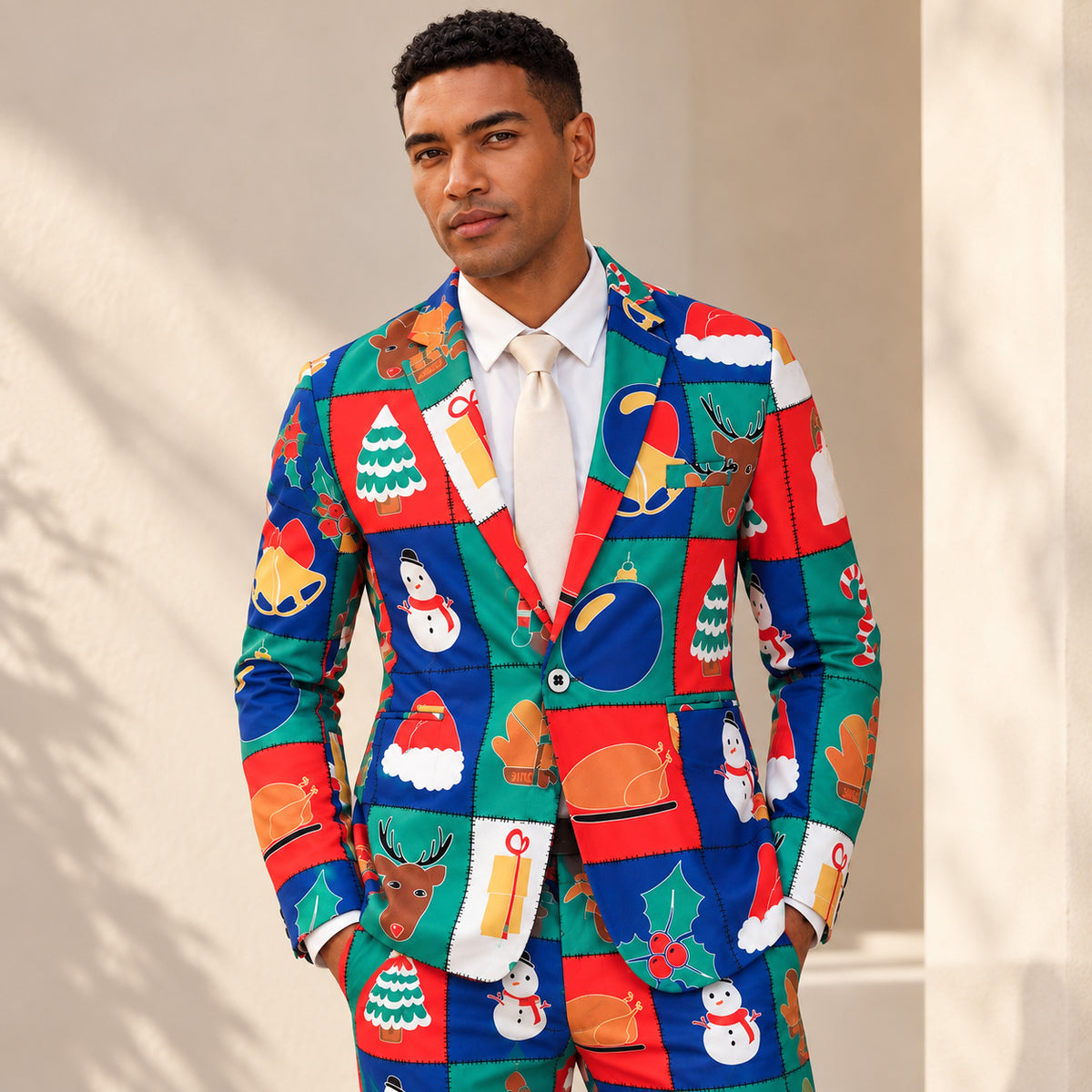 Wisholic men's funny festive Christmas patchwork pattern suit jacket with tie