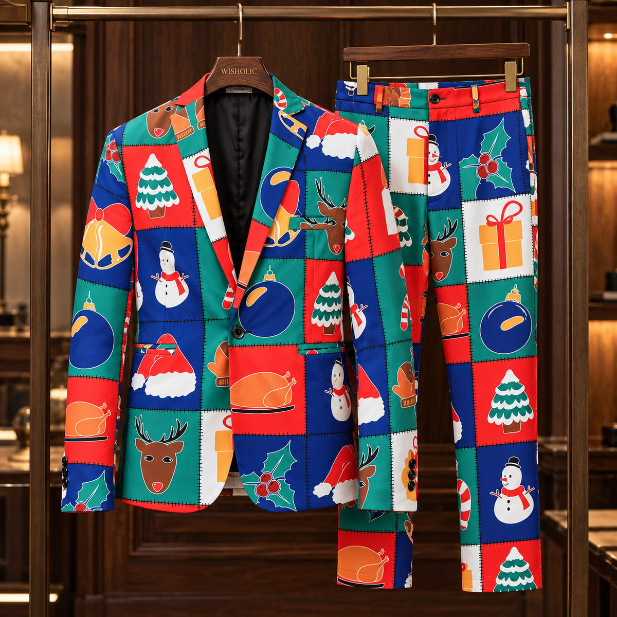 WISHOLIC men's Christmas patchwork two-piece suit featuring a matching printed blazer and trousers on wooden hangers