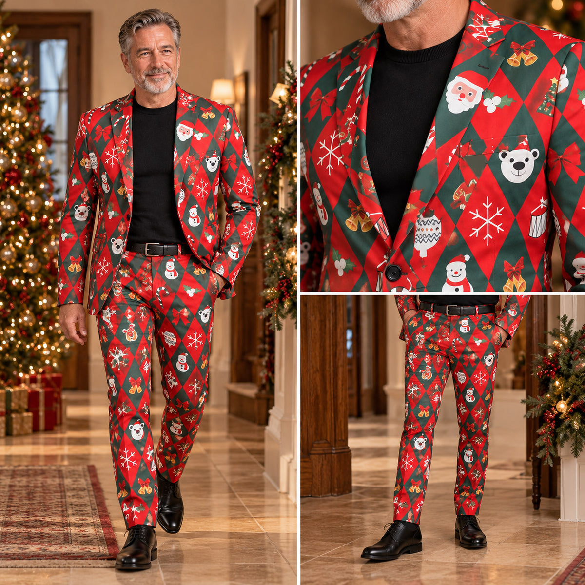 Full-body and close-up views of the Wisholic festive holiday print suit, highlighting the lapel, fit, and pattern detail